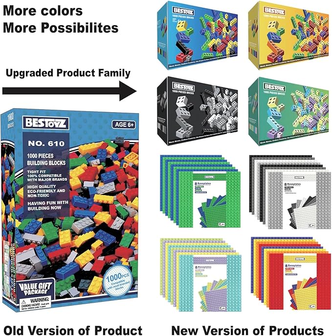 1000 Pieces Building Blocks, Bulk Classic Building Bricks Toy, Big Box of Basic Bricks, Compatible with Major Brands, Educational Construction Toys & Gifts for Kids 4+