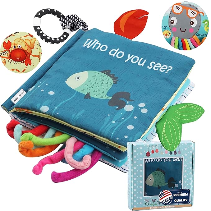 Fish Baby Books Toys, Touch and Feel Crinkle Cloth Books for Babies,Infant, Baby Toys 0-6-12 18 Months, Learning Education Soft Sensory Mirror Toy, Shower Gifts Christmas for Baby Boys Girls-Gift Box