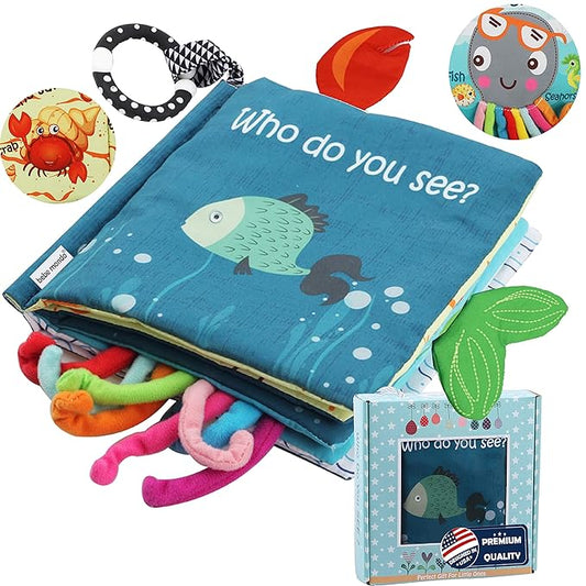 Fish Baby Books Toys, Touch and Feel Crinkle Cloth Books for Babies,Infant, Baby Toys 0-6-12 18 Months, Learning Education Soft Sensory Mirror Toy, Shower Gifts Christmas for Baby Boys Girls-Gift Box