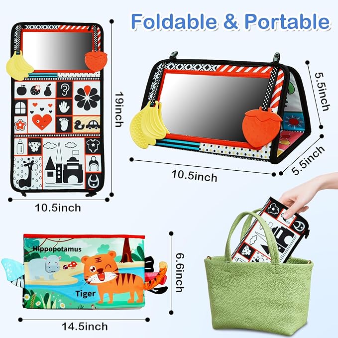 Baby Mirror Toys 0-6 Months - Tummy Time Toys 0-3 3-6 Months with Crinkle Cloth Books, High Contrast Newborn Sensory Toy for Babies 0 3 6 9 12 Months, Infant Toys Montessori for Boys Girls Baby Gifts