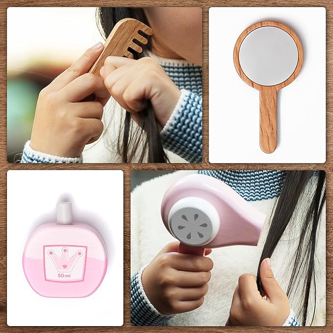 UMU® Wooden Beauty Salon Toys for Girls Makeup Playset 12 Piece Kit with Makeup, Brush, Mirror and Cosmetics Case, Best Gift for 3, 4, 5+ Girls Kids