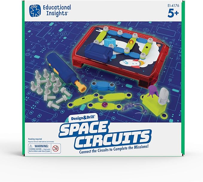 Educational Insights Design & Drill Space Circuits, Beginning Circuit Building Science Kit, STEM Toy, 52 Assorted Pieces with Kid-Friendly Power Drill & 20 Challenges for Kids Boys & Girls, Ages 5+
