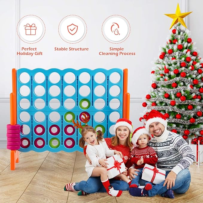 COSTWAY Jumbo 4-to-Score Giant Game Set, 4 in A Row for Kids and Adults, 3.5FT Tall Indoor, Outdoor Set with 42 Jumbo Rings & Quick-Release Slider, Ideal for Holiday Party, Family, Baby Blue