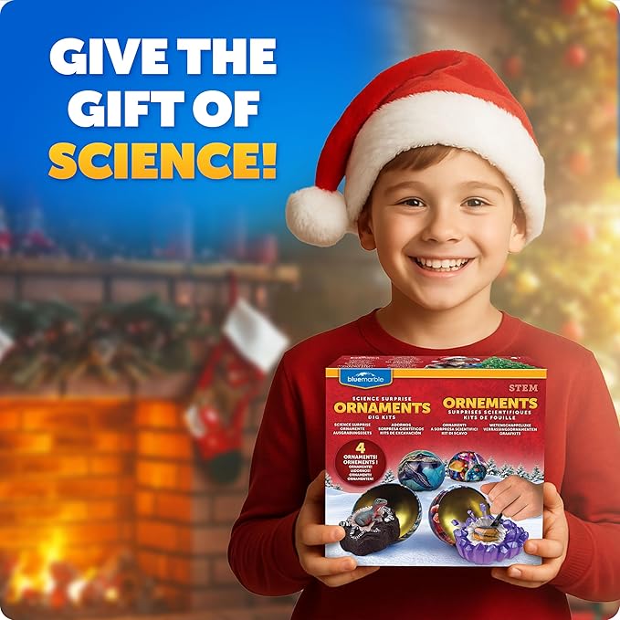 Blue Marble Science Surprise Christmas Ornament Kit for Kids- 4 Dig Kit Ornaments with Gemstone and Dinosaur Dig Bricks, Dino Digging Toys for Kids, Gem Excavation Stocking Stuffer for Boys and Girls