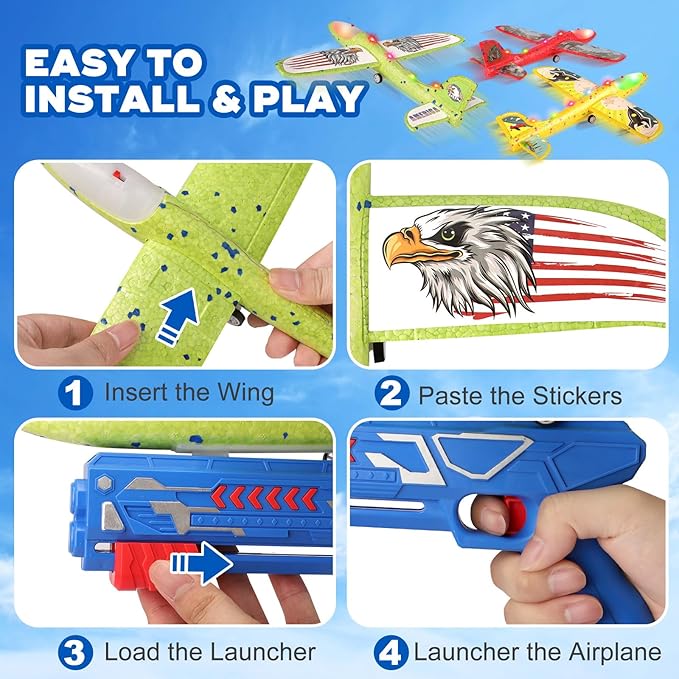 3 Pack Airplane Launcher Toy for Kids, 12.6" LED Foam Glider Plane, 2 Flight Mode Catapult Plane Boy Toys with Stickers, Outdoor Flying Toys Birthday Gifts for 4 5 6 7 8 9 10 12 Year Old Boys Girls