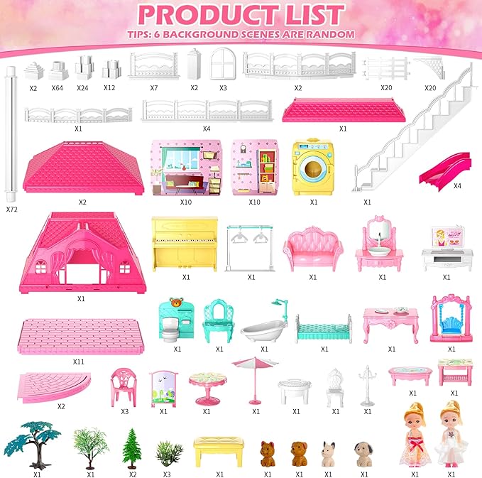 Dollhouses, Housetoys Furniture Pink Girl Toys, 4 Stories 10 Rooms Dreamhome with 2 Princesses Slide Accessories, Toddler Playhouse Gift for for 3 4 5 6 7 8 9 10 Year Old Girls Toys