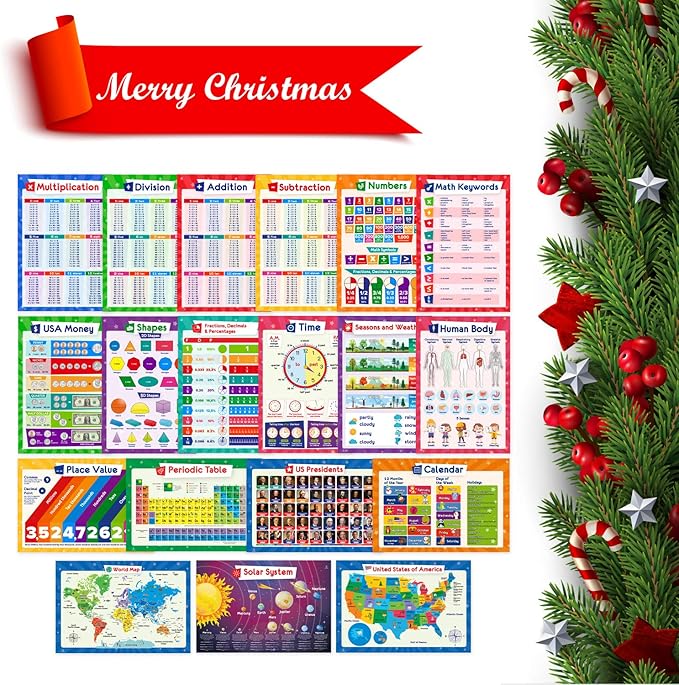 32 Educational Posters for Kids - Multiplication Chart Table, Periodic Table, USA Map, World Map, Solar System, Days of The Week, Division, Addition, Homeschool Supplies - 17x11 (Laminated)