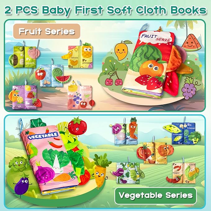 Soft Book Toys for Babies 0-18 Months, 2PCS Crinkle Cloth Books – Fruit and Vegetable Themes, Tails Sensory Book with Rings for Hang, Montessori Early Learning Infant Toy for 0-6-12-18 Month
