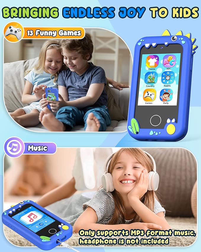 UCIDCI Dinosaur Kids Smart Phone Toys for Boy Dual Camera & Music Player Toddler Selfie Phone Toys Road Trip Toys with Learning Games, Christmas, Birthday Gifts for 3 4 5 6 7 Year Old Blue