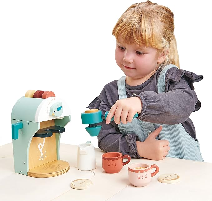 Tender Leaf Toys - Babyccino Maker - Wooden Coffee Machine Pretend Food Play Toy with Espresso Capsules and Cups - Made with Premium Materials and Craftsmanship - Age 3+