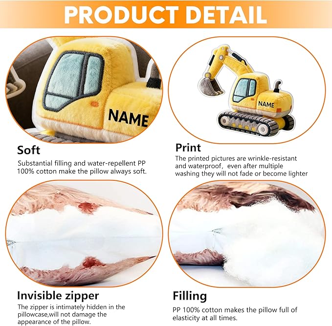 Custom Excavator Shaped Pillow Cute Personalized Name Plush Doll, Double-Sided Construction Engineering Vehicle Pillow for Kids, Birthday gifts for Boys and Girls Sofa Decorative Pillows 8-32in