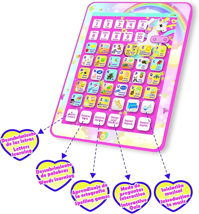 LEXiBOOK Unicorn Educational Bilingual Interactive Learning Tablet, Toy to Learn Alphabet Letters Numbers Words Spelling and Music, English/Spanish Languages, Pink, JCPAD002UNIi2