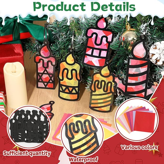 Qyeahkj 36 Set Christmas Xmas Candle Suncatchers Crafts Kit DIY Window Tissue Paper Craft Kits Stained Glass Effect Winter Holiday Hanging Ornaments for School Classroom Home Activity Art Favor Gift