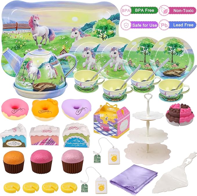 Tea Party Set for Little Girls,50PCS Princess Horse Tea Time Toy Including Food Sweet Treats Playsets,Teapot Tray Cake,Tablecloth & Carrying Case,Kids Kitchen Pretend Play for Girls Boys Age 3 4 5 6