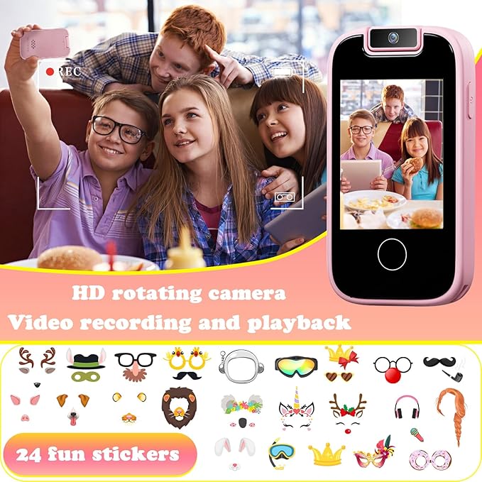 PTHTECHUS Kids Phone Toys for Girls Boys - Toddler Touchscreen MP3 Music Player with Dual Camera, Habit Tracker, Games, Alphabet, Educational Learning Toys Birthday Gifts for 3-7 with SD Card Pink