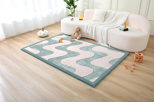 Premium Baby Playmat for Floor 80" x 110" waves – Cloudsoft Coral Velvet Memory Foam Rug for Crawling – Non-Slip, Water-Resistant, Non-Toxic, Easy-Care Muscle Mat – Thick Play Mat for Baby
