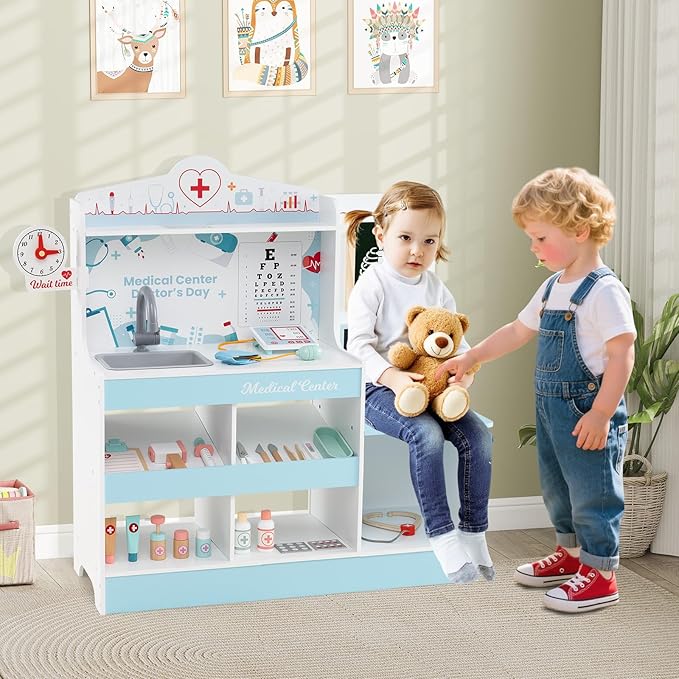 KOTEK Kids Doctor Play Set with 24 PCS Accessories, Wooden Medical Station with Eye Chart, ECG Monitor, X-Ray Film, Pretend Play Hospital Center for Toddlers, Toy Doctor Kit for Girls Boys (Blue)