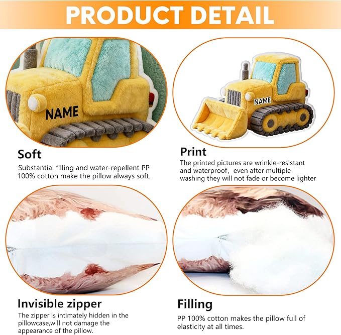 Custom Bulldozer Shaped Pillow Cute Personalized Name Plush Doll, Double-Sided Construction Engineering Vehicle Pillow for Kids, Birthday gifts for Boys and Girls Sofa Decorative Pillows 8-32in
