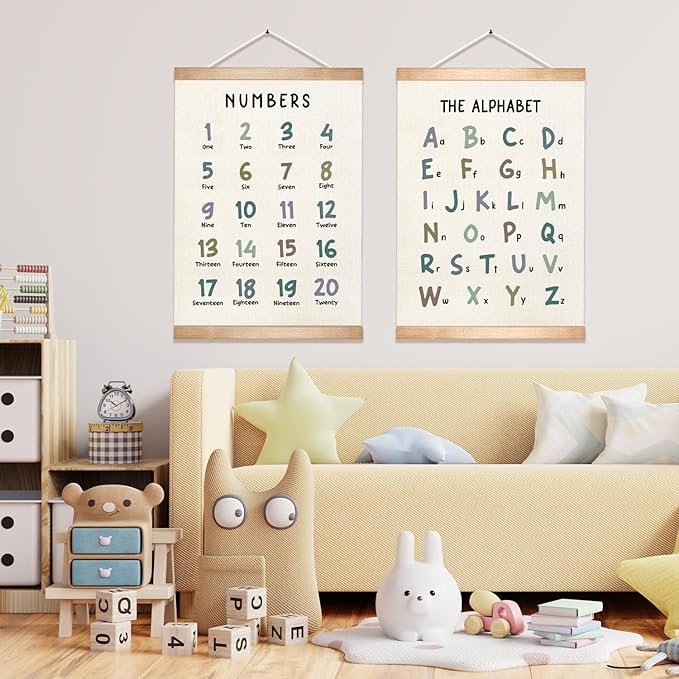 Kids Alphabet and Numbers Learning Posters Set of 2,18.5x14 Inch Linen&Canvas Educational Wall Art with Wood Hanger, ABC 123 Chart for Toddlers Classroom Nursery Playroom Decor (Colored Font)