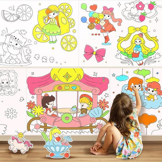 Jar Melo Princess Coloring Roll for Kids -Sticky No Mess Coloring Poster for Toddlers, 118×15.74 Inches Large Coloring Tablecloth, Drawing Paper for Kids' Easel Ideal Gifts for Home Birthday Party