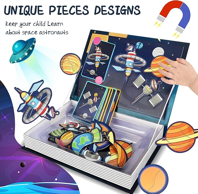 Space Magnetic Travel Game Montessori STEM Quiet Toys for Toddlers 3-5 with 38 Magnets & 16 Activity Cards - Educational Astronaut Magnetic Puzzles Airplane Toy for Kids Ages 3+