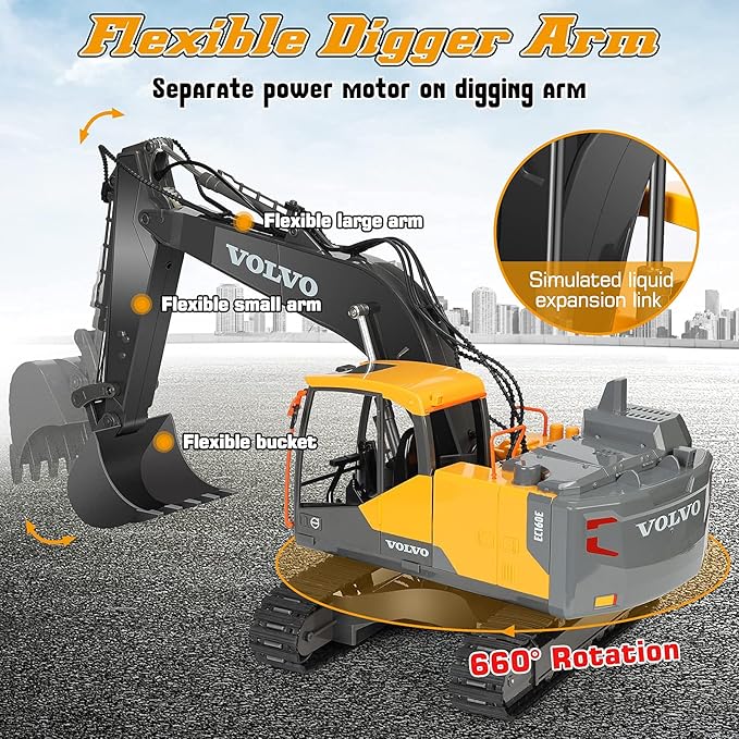 DOUBLE E Volvo RC Excavator 17 Channel 3 in 1 Construction Toys, 17 Channel Remote Control Vehicles Tractor Sandbox Toys Digger with Metal Shovel Drill Grab RC Truck for Kids Adults