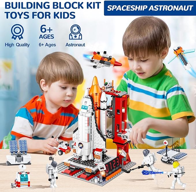 Space Exploration Shuttle Toys, 12-in-1 STEM Aerospace Building Kit Toy, Rocket Building Kit Toy with Launcher, Astronauts, Airplane Rocket, Gift for 6 7 8 9 10 11 12+ Years Old, 855 Pcs