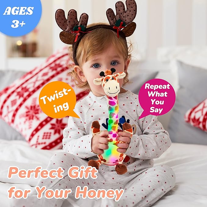 Hopearl Glowing Dancing Giraffe Toy Repeats What You Say Talking Toy Wriggle Singing Mimicking Twisting Electric Light Up Interactive Animated Speaking Gifts for Kids, Brown, 13''