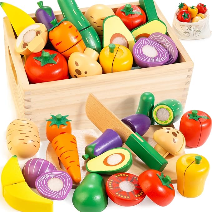 Wooden Play Food Set for Kids Kitchen | Cutting Veggies & Fruits Toy Food Set with Storage Case & Bag, Play Kitchen Accessories, Pretend Play Food for Toddlers 3+