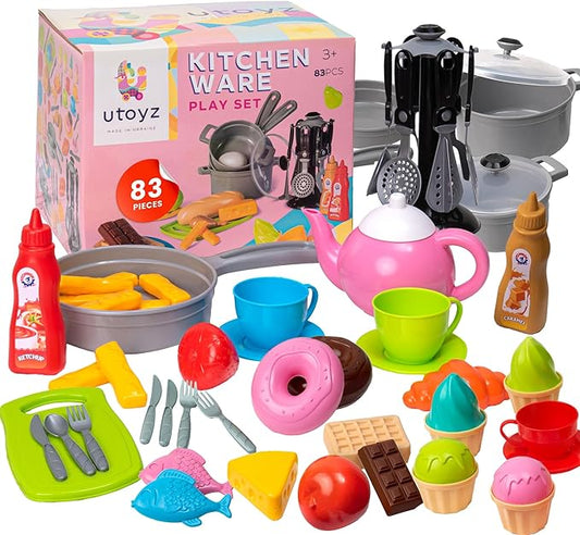 uToyz Kitchenware Playset – 83pcs Toddler Play Food Sets for Kids Kitchen Playset, Mini Toddler Cooking Set with Play Kitchen Accessories & Toy Food, Cooking Toys with Toy Pots & Pans for Kids Ages 3+