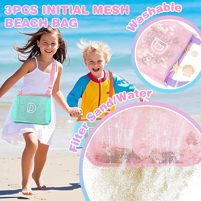 3Pcs Personalized Kids Beach Shell Bag, Initial Seashell Mesh Zipper Beach Pouch, Shell Collecting Bag for Holding Shells with Adjustable Straps, Sand Toys Swim Pouch Gift for Girl Boy Teens(Letter D)