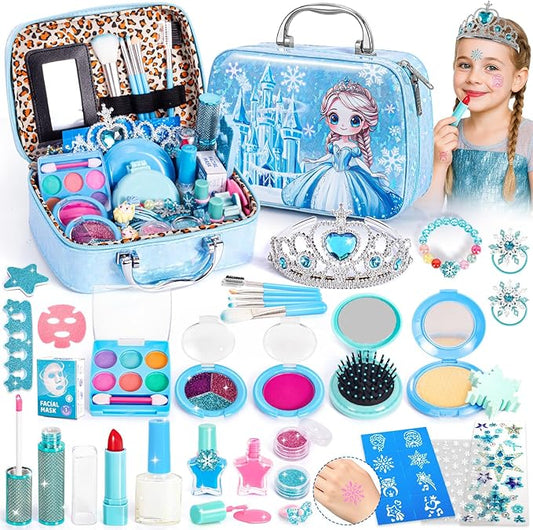Kids Makeup Set for Girls Toys, 34Pcs Washable Princess Frozen Make Up Kit w/ Dress Up Accessories, Christmas Birthday Princess Gifts Toys for Girls Kids Toddlers Age 3 4 5 6 7 8 9 10 11 12