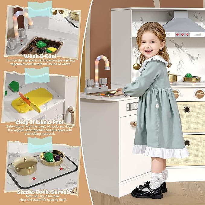 Wooden Play Kitchen for Kids with Realistic Lights & Sounds, Smart Storage, Pretend Ice Maker, Sink, Stove, Inspiring Creative Role Play Toy for Ages 3+(White)