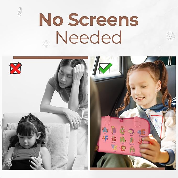 Montessori Busy Board Book, Toddlers, Sensory Activities and Preschool Learning - Toy for Home, Airplane and Car Travel (Pink)