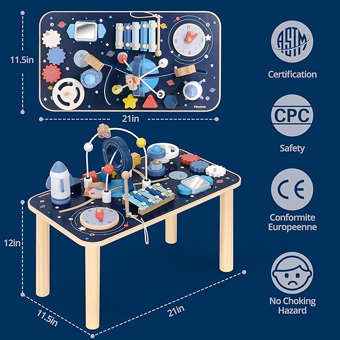 10-in-1 Wooden Activity Table for 1 Year Old | Montessori Baby Standing Activity Center & Sensory Play Cube with Xylophone, Rocket Blocks, Bead Maze, Mirror, Shape Sorter – Space Theme