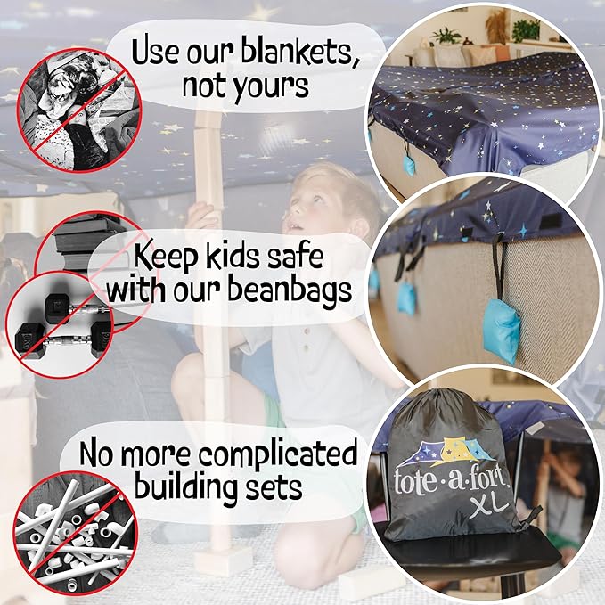 TOTE•A•FORT Blanket Fort Building Kit for Kids, 4 Blanket TOTEAFORT Toy, Make a Portable Playhouse, Play Tent Indoor Outdoor Build Set, STEM Children Toy, Ages 4, 8, 12 +, Starry XL