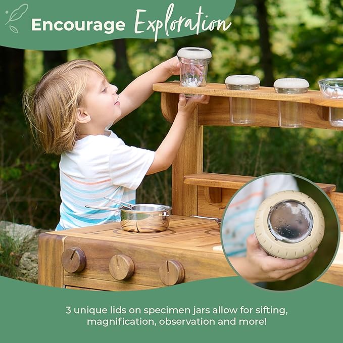 Guidecraft Acadia Kids' Outdoor Mud Kitchen Playset - Pretend Play Kitchen with Sink, Stove, and Accessories | Wooden Backyard Playset | Outdoor Play Furniture for Kids | Outdoor Toddler Activities