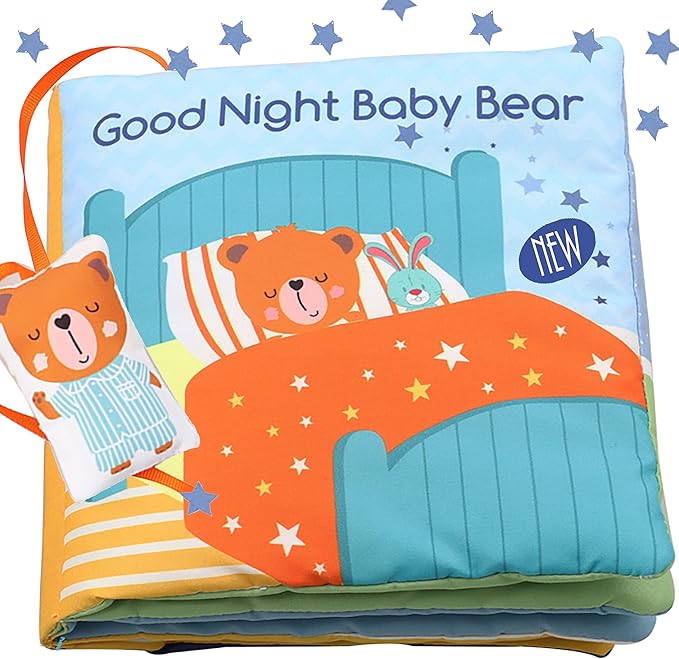 bebe mondo Teddy Bear Baby Book Activity Quiet Cloth Soft Books Developmental Toys Interactive Baby Books for Babies Toddlers Infants, Tummy Time Mirror Toy Gifts for Boys Girl, Goodnight W Box