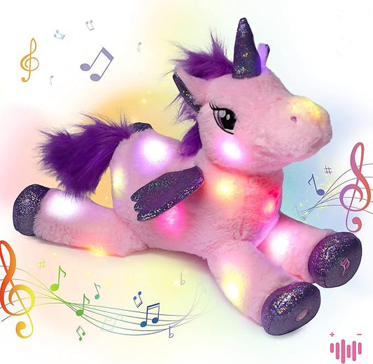 Hopearl LED Musical Stuffed Unicorn Light up Singing Plush Toy Adjustable Volume Lullaby Animated Soothe Birthday Festival for Kids Toddler Girls, Pink, 16''