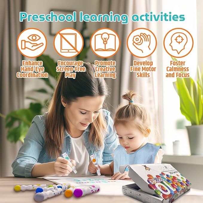 10-Color Washable Dot Markers for Kids, Includes Smock & Activity Sheets, Toddler Stocking Stuffers, Preschool Arts and Crafts Kit for Kids Ages 3-5
