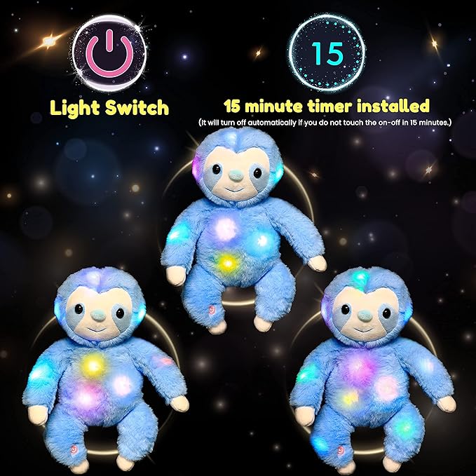 Hopearl LED Plush Three Toed Sloth Lighting Up Stuffed Animal Sloth Floppy Night Lights Glow in The Dark Birthday Festival for Kids Toddlers, Blue, 12.5''