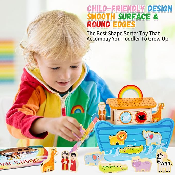 Wooden Noahs Ark Toy Animal Playset, Baptism Gifts for 2 3 4 Years Old Boys Girl, Lacing Beads, Shape Sorter, Montessori Noah's Ark Toys with Bible Story Book for 24 Months Kids