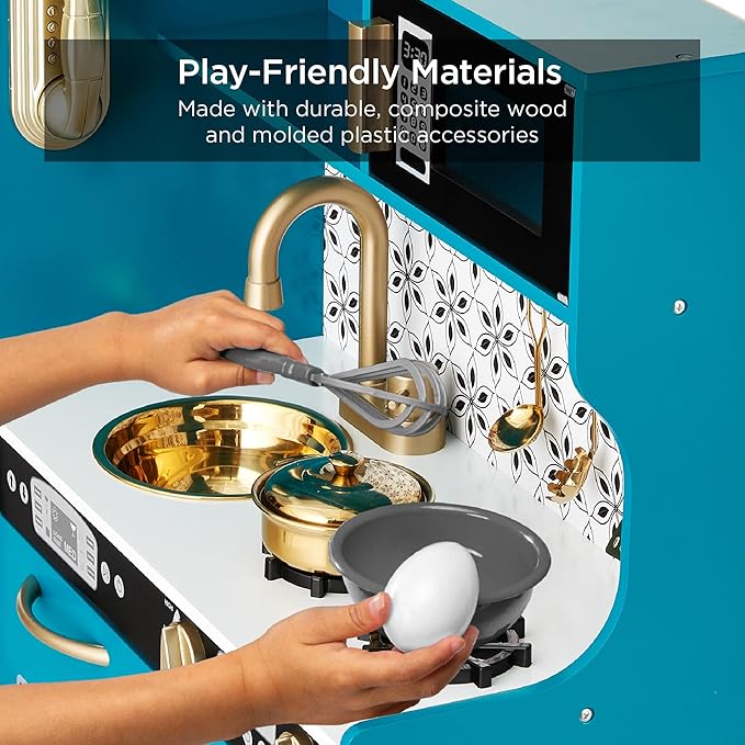 Best Choice Products Pretend Play Kitchen Wooden Toy Set for Kids w/Realistic Design, Telephone, Utensils, Oven, Microwave, Sink - Teal
