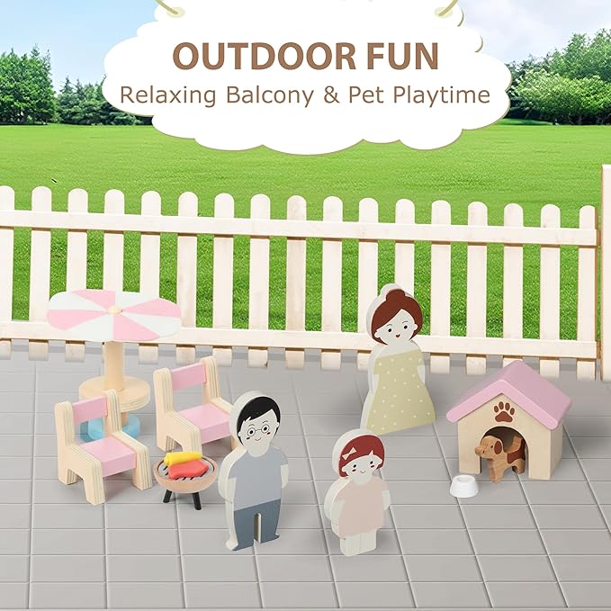 Wooden Dollhouse Furniture Set, Dollhouse Accessories and Furniture, with 7 Rooms 3 Dolls, Includes Patio Set & Dog Set, Doll House Furniture Toys Gift for Kids Boys Girls