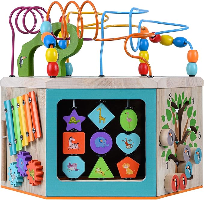 Teamson Kids Preschool Play Lab 7-in-1 Large Wooden Activity Cube Station Center Bead Maze and Counting for Kids Baby Toys, Natural