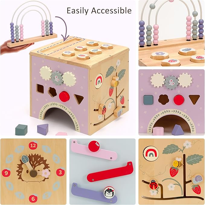 Large Activity Cube, Wooden Play Cube with 8-in-1 Activity Center, Baby Multipurpose Montessori Toy Activity Learning Cube Toy, Early Developmental Learning Toys for Baby Age 12M+