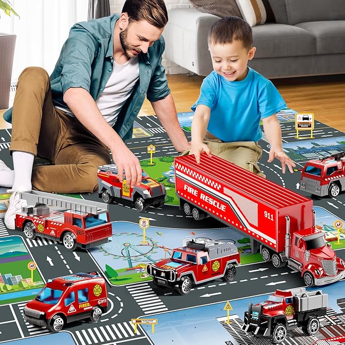 Fire Toys for 3 4 5 6 Years Old Boys Girls Kids, Die Cast Metal Fire Truck Toys W/Play Mat, Rescue Emergency Fire Truck Car Toy, Toddler Car Toy Christmas Birthday Gifts for Boys