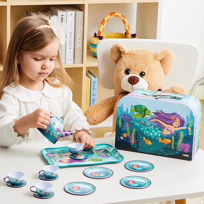 JOYIN Mermaid Tea Party Set for Little Girls, Pretend Tin Teapot Set, Princess Tea Time Play Kitchen Toy with Teapot, Cups, Plates, Carrying Case for Christmas Birthday Gifts Kids Toddlers Age 3 4 5 6