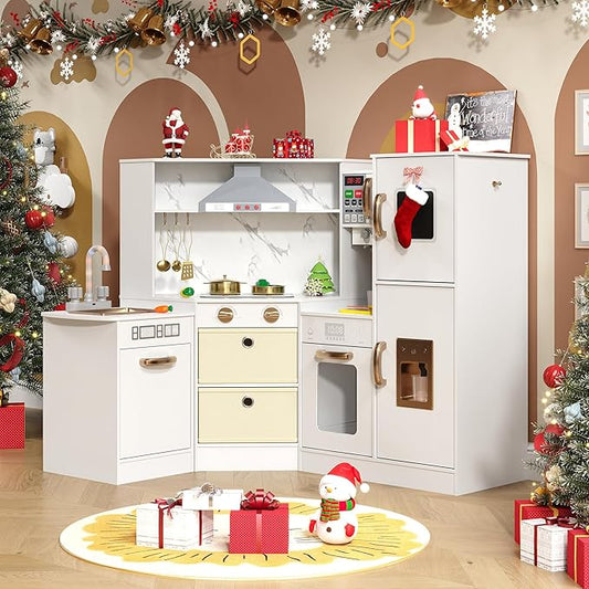 Wooden Play Kitchen for Kids with Realistic Lights & Sounds, Smart Storage, Pretend Ice Maker, Sink, Stove, Inspiring Creative Role Play Toy for Ages 3+(White)