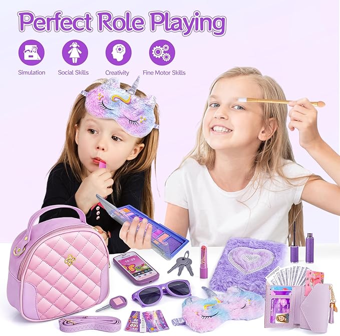 Little Girl Purse Accessories, My First Purse Set - Play Makeup Princess Plush Diary Unicorn Eye Mask Wallet Phone Pretend Credit Cards Kids Pretend Play Christmas Toy Gift for Girl Age 3+